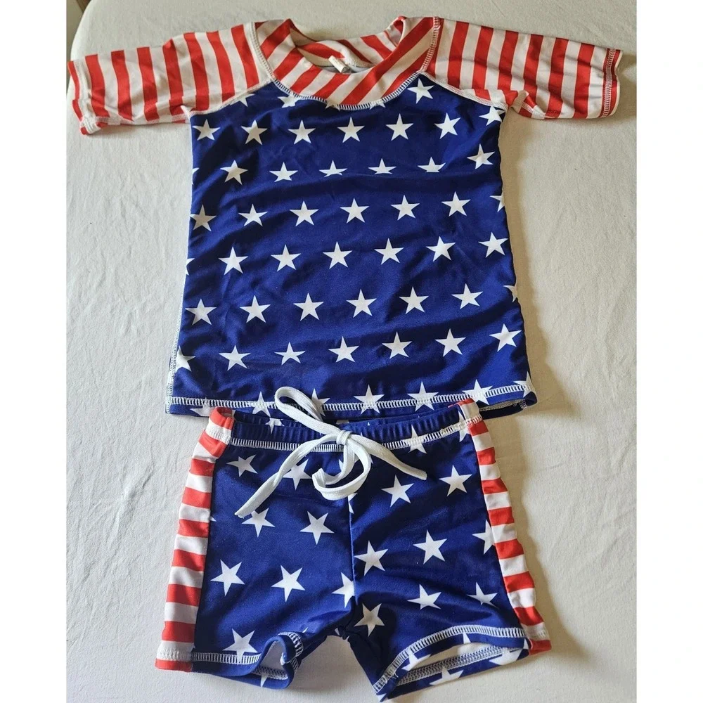 Girls‎ Patriotic Rash Guard Swim Set Stars Stripes Size M Fits 6
